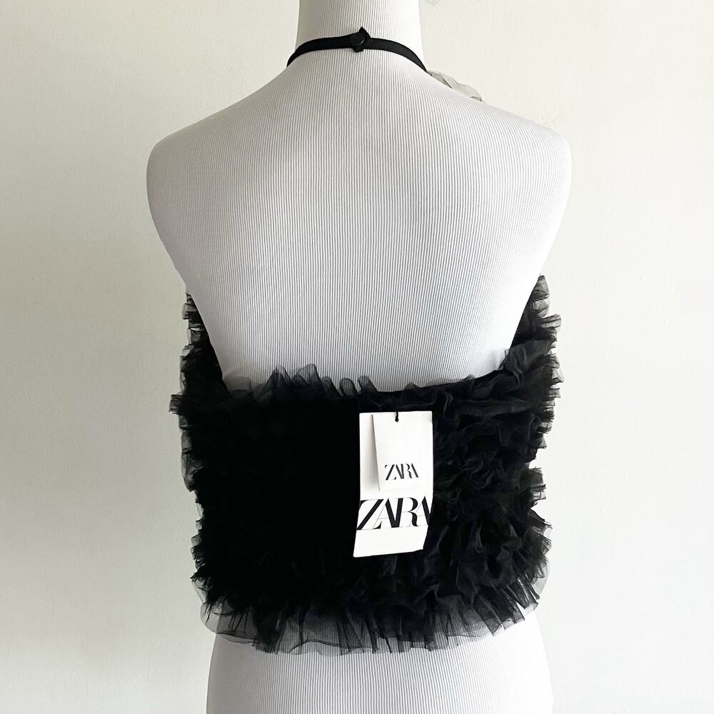 NWT Zara Small Tulle Knit Halter Top Black Ruffle Dressy Party Whimsigoth - Picture 3 of 11